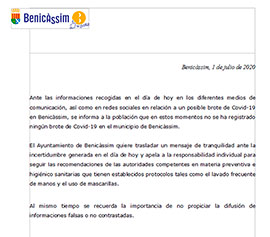 Comunicado del Ayuntamiento de Benicàssim, 1 de julio 2020