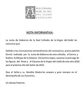 Comunicado Real Cofradía de la Mare de Deu del Lledó