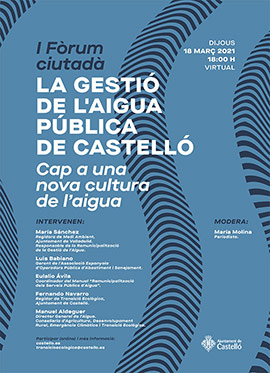 Castelló anima a participar en el I Foro sobre el agua pública para avanzar hacia una nueva cultura que la entienda como un bien común