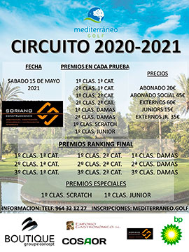 Abierta Inscripción Circuito Mediterráneo Golf 2020-2021 Trofeo Soriano Construcciones Sábado 15 de Mayo