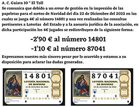 Comunicado sobre error de gestión en la impresión de la lotería navideña de la Gaiata 10 El Toll