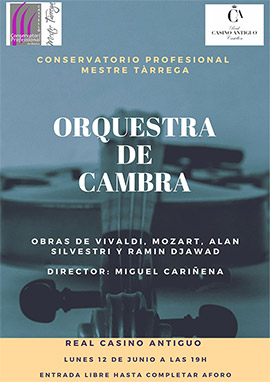 Concierto de la Orquesta de Cámara del Conservatori Mestre Tàrrega de Castelló en Real Casino Antiguo el lunes 12 de junio