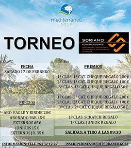 Mediterráneo Golf: Abierta inscripción Torneo Golf Soriano Construcciones, sábado 17/02/2023