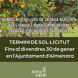 El Ayuntamiento de Almenara bonificará con un 50% la tasa agrícola a los terrenos rurales en buen estado