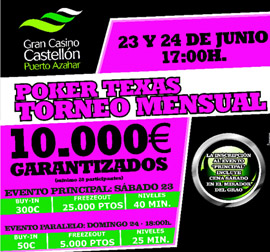 El Gran Torneo Mensual de junio se celebrará este fin de semana en el Gran Casino Castellón