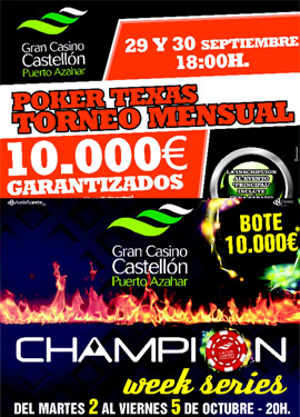 Dos grandes eventos en el Gran Casino Castellón para acabar septiembre y comenzar octubre: el XI Gran torneo mensual y la CWS