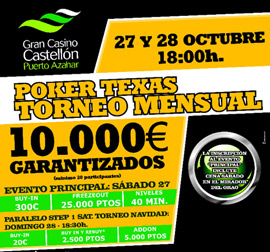 La modalidad del Gran Torneo Mensual del gran casino Castellón celebra en octubre su primer año con más de 150.000€ en premios