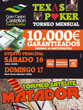El Gran Torneo Mensual de febrero con el “Matador” este fin de semana en el Gran Casino Castellón